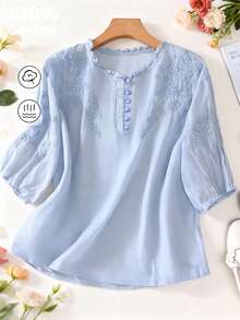 Áo cánh tay giữa thêu phong cách Bohemian rộng rãi thời trang xuân/hè cho nữ, thường ngày mùa hè cho phụ nữ, phụ nữ đồng quê - Màu xanh lam - Xem 1