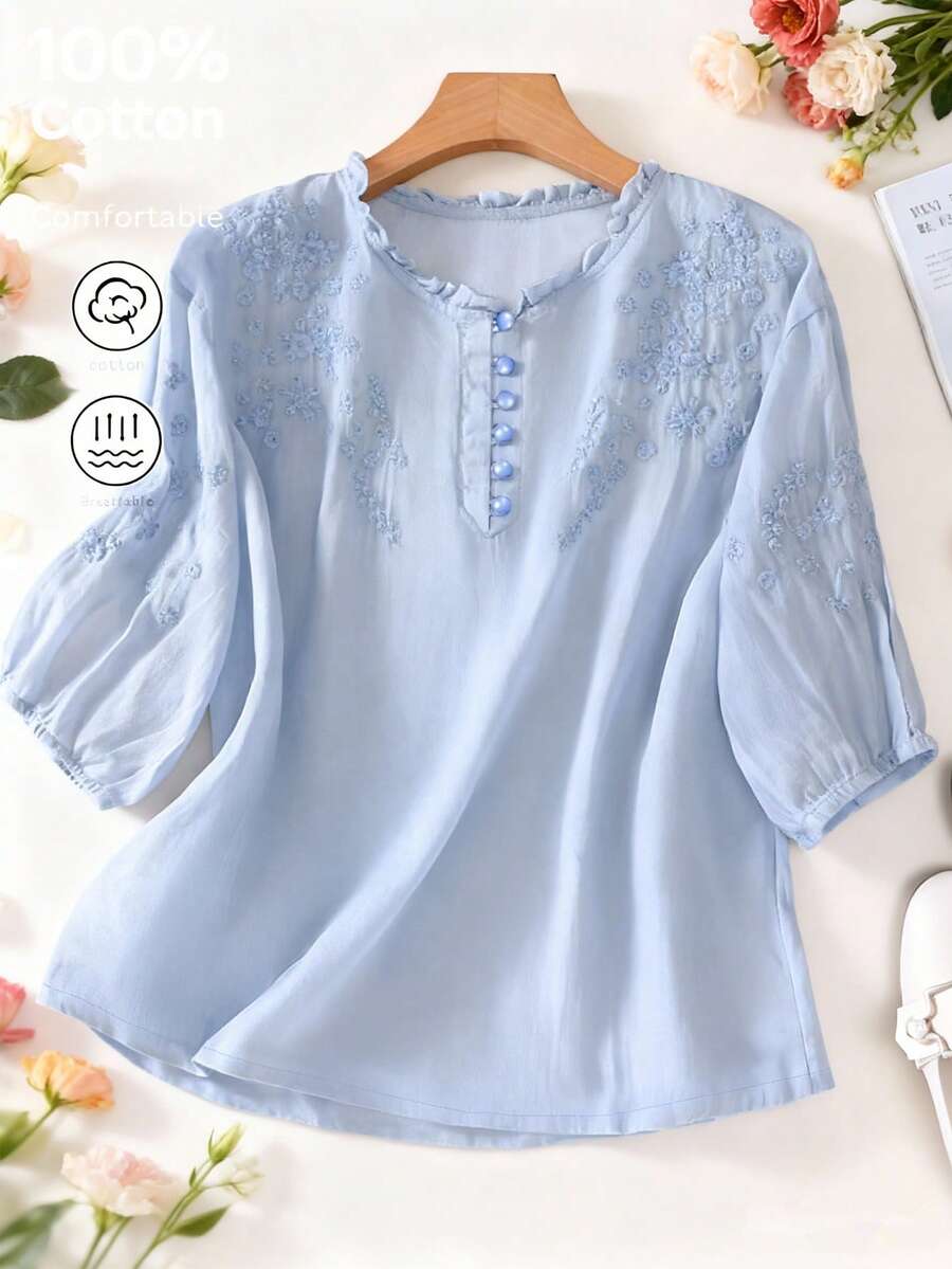 Áo cánh tay giữa thêu phong cách Bohemian rộng rãi thời trang xuân/hè cho nữ, thường ngày mùa hè cho phụ nữ, phụ nữ đồng quê - Màu xanh lam - Xem 1