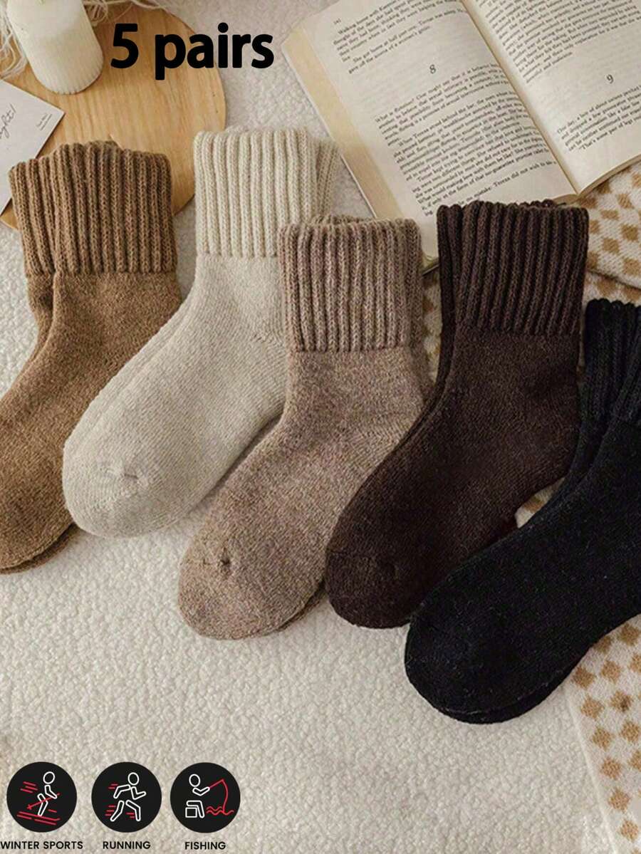 5双装女士冬季保暖加厚针织柔软可爱复古休闲五趾袜毛绒编织袜女士加厚保暖袜搭配雪地靴或短靴多规格选择套装2双装6双装10双装 - 彩色 - 查看 1