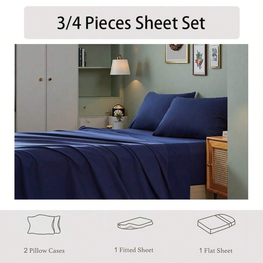 3/4 Pieces Sheet Set, Cooling Sheets For 3 Pieces Twin Sheet Set With Pillowcase, Full/Queen/King Size Bed Set With 4Pieces, Derived From Microfiber, Breathable & Soft, Deep Pocket Up To 16", Hotel Luxury Silky Bedding For Hot Sleepers - Dark Blue - 查看 1