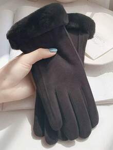 2Pair Thickened Cushioned Windproof Warm Gloves, Women's Responsive Touchscreen Gloves – Adorable Student Style For Fall & Winter Riding/Daily - 米色+黑色 - 查看 3