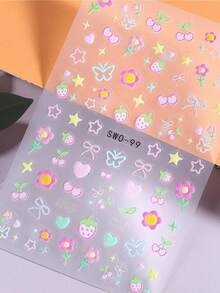 2 Sheets Sweet Element 3D Matte Nail Art Stickers - Kawaii Cherry Strawberry Star Heart Bow Butterfly Floral Designs, Self-Adhesive Plastic Decals For Women & Girls, Y2K Style Manicure & Pedicure Decorations, Easy Apply Decals, Nail Stickers - 彩色 - 查看 4