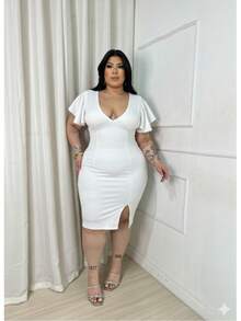 Plus Size Party Dress For Bridesmaid, Wedding, 15th Birthday, Midi, Graduation, Sexy - 白色 - 查看 5