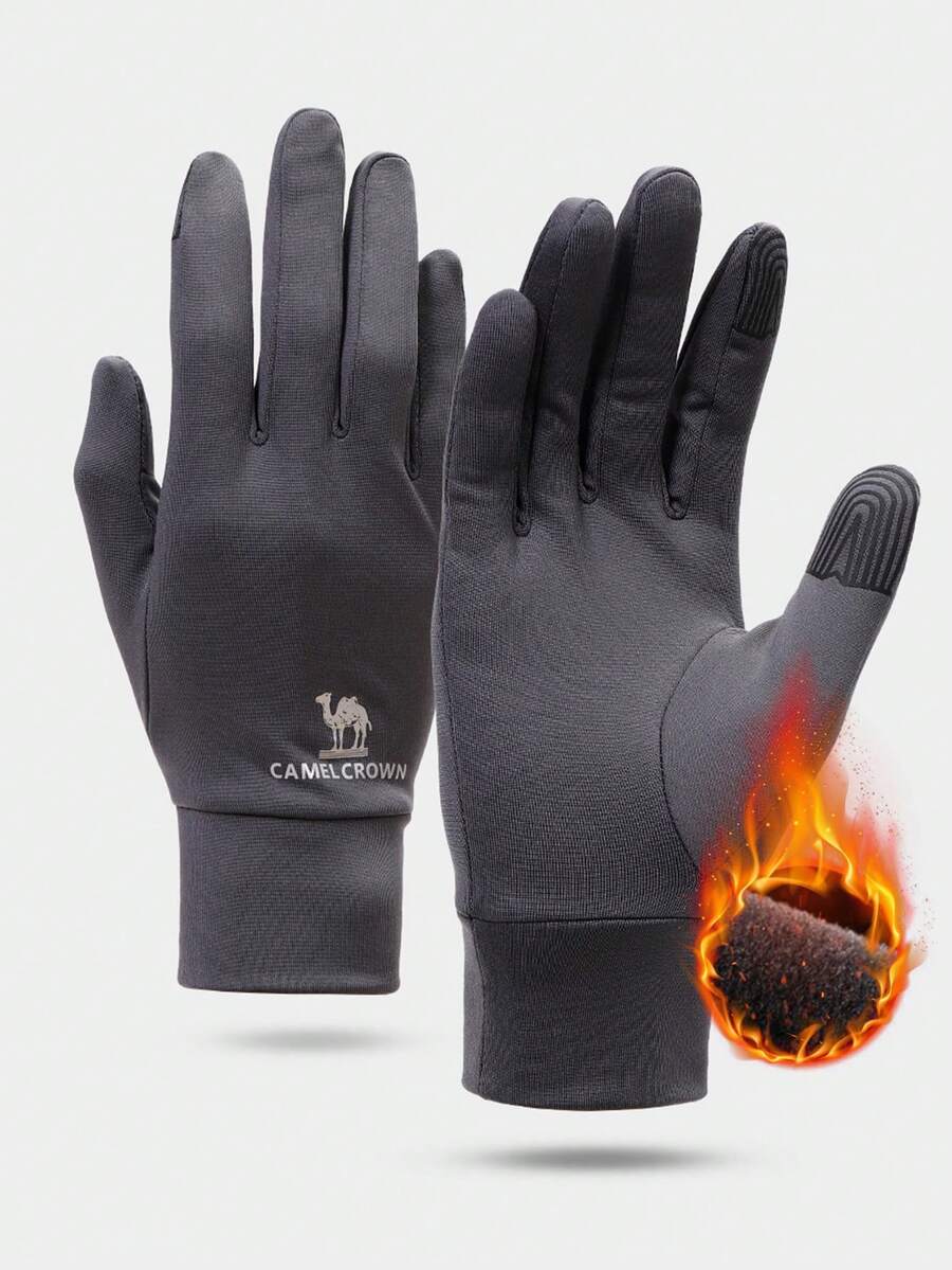 CAMEL CROWN 跑步运动防风加绒保暖手套防滑减震骑行手套 - 碳灰 - 查看 1