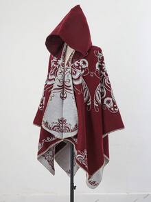 1pc Floral Jacquard Hooded Fashion High-End Women Shawl Poncho - Multicolor - View 3