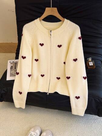 Cárdigan reversible con cremallera en forma de corazón, un suéter casual de moda para el Día de San Valentín