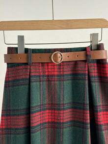 女士休闲罗纹格纹中长裙，春秋季 - 紅色 - 查看 3