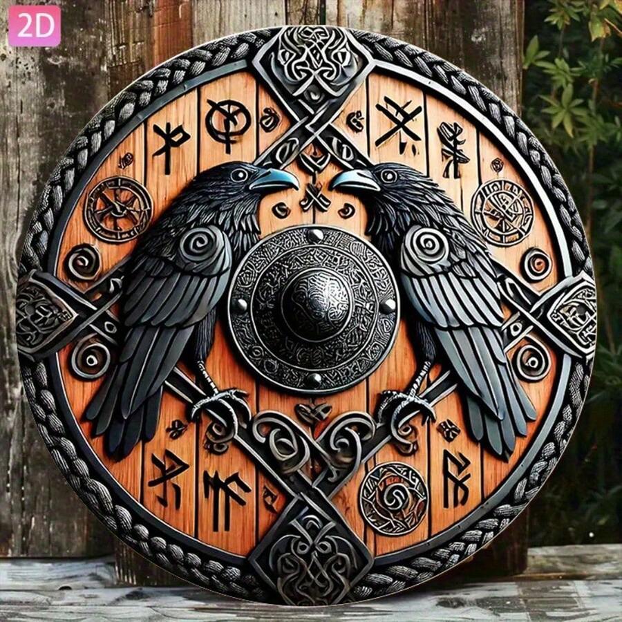 CIFbuy Viking Shield Metal Wall Art - 8 Inch Round Norse Decor With Celtic Knot & Raven Design, Durable Medieval Decor For Home, Bar, G - 彩色 - 查看 1