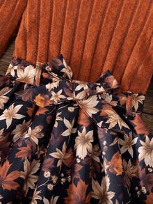 Girls Casual Puff Sleeve Long Sleeve Fleece Print Dress + Matching Print Belt