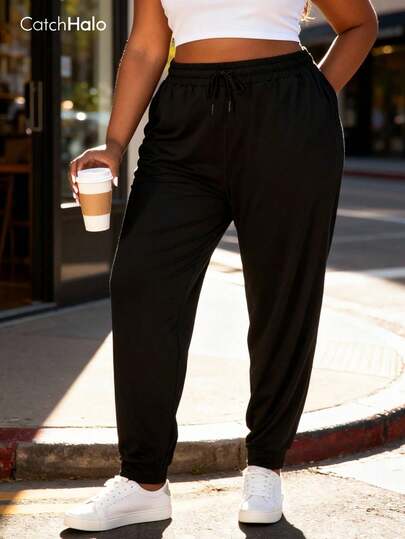 Plus Size Women Loose Drawstring Waist Pockets Sports Pants, Pure Black, Casual Sporty Style (2025 Autumn/Winter Yoga & Fitness Leggings)
