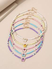 NAIZHU 5pcs Bohemian Cute Butterfly Colorful Seed Bead Necklace Set, Versatile Daily & Vacation Accessory For Teens - Multicolor - View 6