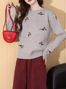 Alicedudu Women's Gentle Floral Pattern Crew Neck Sweater, Autumn/Winter - Apricot Gray - View 2