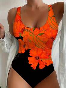 女士度假沙滩性感橙黑撞色印花连体泳衣 - 橘紅色 - 查看 1