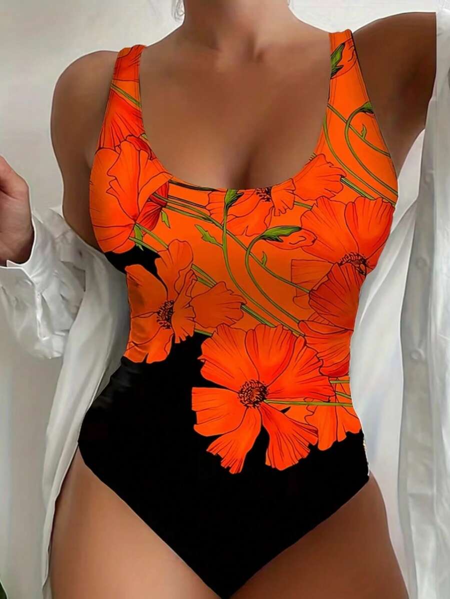 女士度假沙滩性感橙黑撞色印花连体泳衣 - 橘紅色 - 查看 1