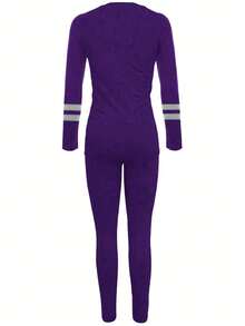 Plus Size Women Casual Commuting Striped Contrast Color Long Sleeve T-Shirt And Skinny Pants Set - Purple - View 3