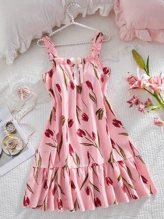 Camisón sin mangas con estampado de tulipanes para mujer - Camisola sexy de lencería para estar en casa