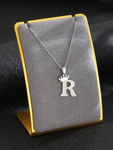 1件时尚精致铜皇冠哑光字母吊坠项链 儿童首饰配饰 派对 节日 派对礼物 亲朋好友首饰配饰 - 銀色 - 查看 2