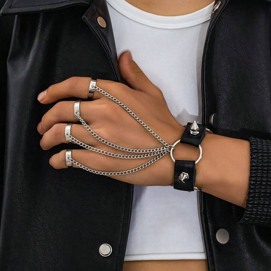 1 PC Punk Chain Tassel Bracelet With Finger Rings, Gothic Hand Harness & Kurapika Chain Hand Chain Jewelry For Women And Men - Silver Black - View 1