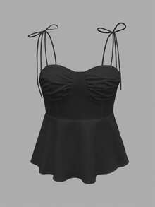 1pc Women's Casual Sleeveless Ruffle Hem Blouse, Elegant French Minimalist Pure White Tube Top Cropped Camisole, Fitted Vacation & Commute Lightweight Camisole Tie Front Tank Top, Y2K Sexy Babydoll Accentuates Curves Outerwear, Spring/Summer/Autumn - Black - View 4