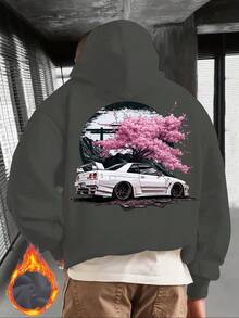 CHICLY19  Japanese Cherry Blossom & JDM Car Graphic Hoodie, Unisex Casual Oversized Pullover Hooded Sweatshirt, Retro Racing Car & Torii Gate Print Top, Cozy Fleece Lined, Perfect For Car Enthusiasts, Streetwear Fans, Casual Outings & Lounging, Ideal Gift For JDM Lovers, Car Guys & Japanese Culture Fans, Breathable Soft Fabric, White, Plus Size Available - 深灰色 - 查看 12