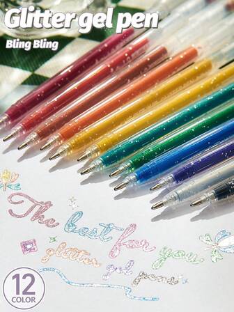 Bolígrafos de gel con brillo, 12 colores, bolígrafos de gel metálicos y vibrantes con brillo para colorear, marcadores de brillo retráctiles, bolígrafos con brillo para adultos, bolígrafos de gel de colores para libros de colorear y dibujar para adultos