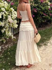 女士夏季浪漫优雅波西米亚风荷叶边系腰半身裙，适合日常穿着、通勤、约会、夏季海滩度假、节日庆典、派对、街头摄影 - 杏色 - 查看 2