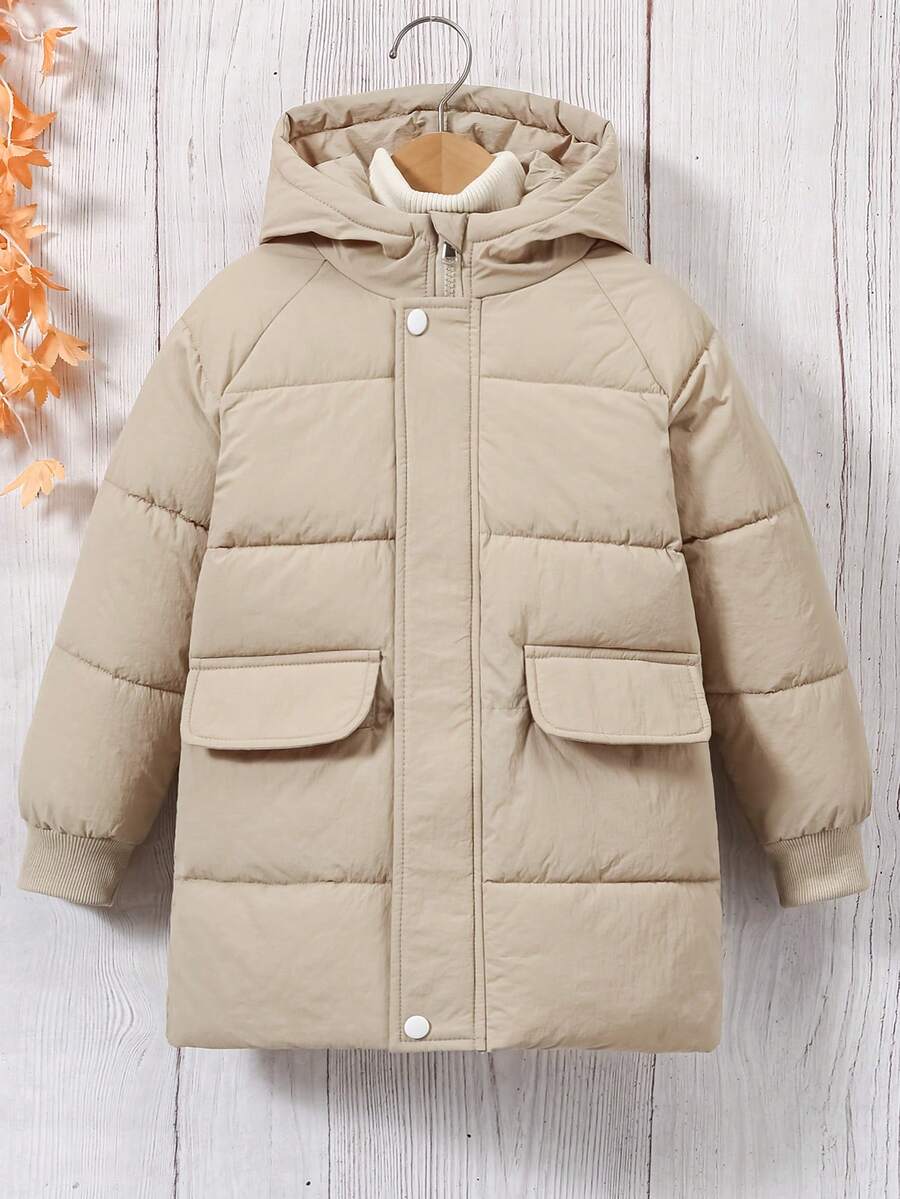 Boys' Casual Thickened Long Sleeve HoodedPadded Coatt, Fashionable For School & Daily Wear, Autumn/Winter - Khaki - View 1