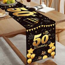 Toalha de Mesa Elegante Preta e Dourada Multicolorida para Festa de Aniversário, 1 Peça Tapete de Mesa Retangular Antiderrapante de Poliéster para Decorações de Festa de Aniversário, Adequado para Homens e Mulheres - Multicolorido - Visão 1