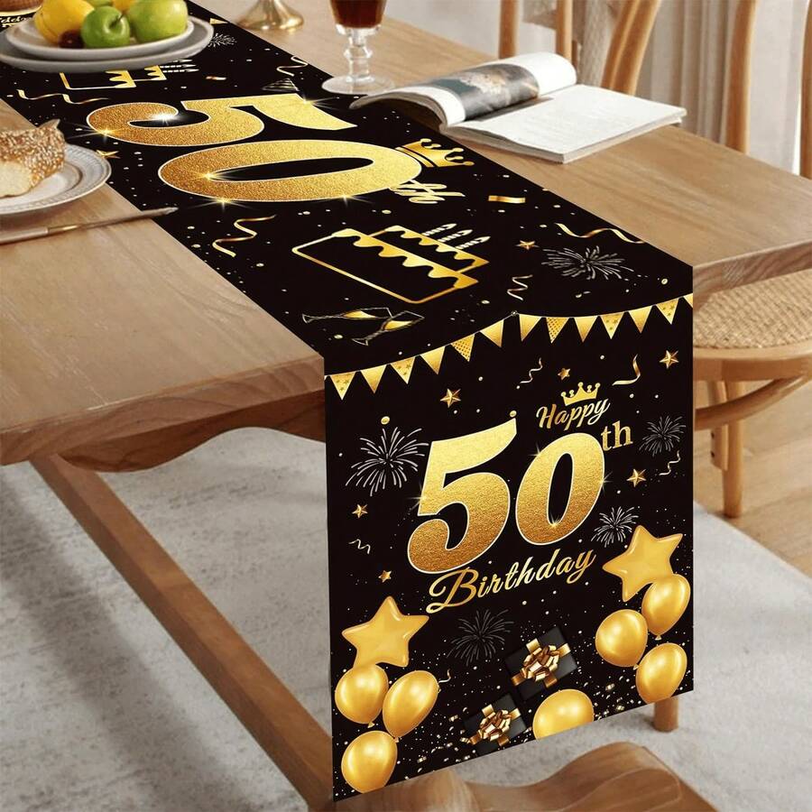 Toalha de Mesa Elegante Preta e Dourada Multicolorida para Festa de Aniversário, 1 Peça Tapete de Mesa Retangular Antiderrapante de Poliéster para Decorações de Festa de Aniversário, Adequado para Homens e Mulheres - Multicolorido - Visão 1
