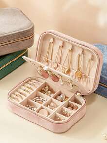 便携式天鹅绒首饰盒，大容量防尘首饰收纳盒，带可拆卸隔板，可收纳耳环、戒指、手镯、项链、珠宝、发饰及其他饰品。适合作为节日或生日礼物送给女友、女孩，也可作为母亲节惊喜礼物。 - 彩色 - 查看 2