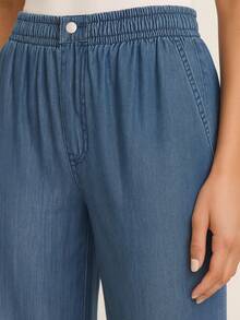 MODA MO, REF: AS1710 - Women's High-Waisted, Slim-Fit Jeans, Straight Leg With Elastic Waistband, Decorative Metal Buttons At The Waist, Pockets, Non-Stretch Fabric, Lightweight And Comfortable, Suitable For Casual Occasions. - Xanh đậm - Xem 4