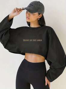 Stylish Oversized Cropped Sweatshirt For Women - Soft And Cozy Long Sleeve Top, Perfect For Casual Outings Or Layering -  Streetwear Fashion, Ideal For Fall And Winter Wardrobe - Available In Multiple Colors To Match Your Unique Style. -Light Grey Spring And Autumn All-Match Casual Basic Style, Playful And Tall - 黑色 - 查看 10