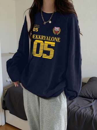 Korean Style Women's Loose Fit Cotton Letter Print Round Neck Casual Long Sleeve T-Shirt, Versatile For Spring & Autumn