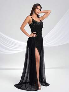 YISIKADO Đầm dạ hội nữ đính sequin và đá quý, xẻ cao đến đùi, dây mảnh, thích hợp cho các buổi dạ tiệc, đám cưới, lễ hội. - màu đen - Xem 4