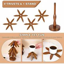 Set Of 4 Natural Wood Trivets & 1 Heat-Resistant Stand, Durable And High-Quality Solid Wood, Foldable Design, Ideal For Hot Dishes, Pots, Bowls, Teapots, Kitchen Utensils & Coasters - Natural - View 4