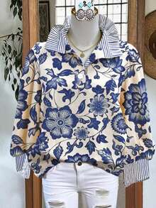 女士休闲秋冬宽松印花条纹拼接V领长袖衬衫，春季度假款 - 彩色 - 查看 1