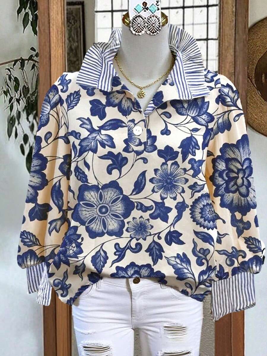 女士休闲秋冬宽松印花条纹拼接V领长袖衬衫，春季度假款 - 彩色 - 查看 1