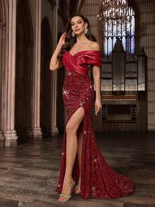 Vestido de noche glamoroso con lentejuelas QOQ, elegante vestido formal para damas adecuado para fiesta de cóctel, baile benéfico, banquete, celebración, cumpleaños, vestido largo con espalda descubierta y abertura alta en unicolor - Burdeos - Ver 5