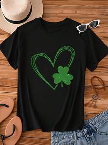 St Patrick's Day Green Heart And Clover T-Shirt Women's Festive Shamrock Design White Crewneck Top For St Patrick's Day Celebration - màu đen - Xem 3