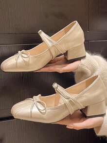 2026 New Black Contrast Color Pointed Toe Chunky Heel Pumps, Korean Version Metal Buckle Mid-Heel Mary Jane Shoes For Women - Champagne - View 2