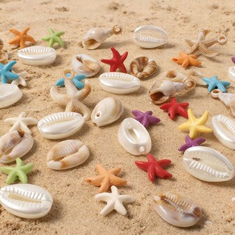 50 قطعة من اكسسوارات DIY - نجوم البحر الملونة المصنعة، قلادات صدفية وقواقع، مواد خرز يدوية، ديكورات مجوهرات من الراتنج المتساقط، قلادات ملونة مصنعة على شكل ماكرون مع ثقب، اكسسوارات DIY إبداعية يدوية، مستلزمات مجوهرات، ألوان نجوم البحر عشوائية