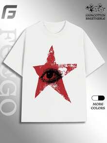 Red Star Eye Graphic Tee Men Clothes 100 Percent Cotton Tops For Women Halloween Vintage T-Shirts Summer Tops - 白色 - 查看 1