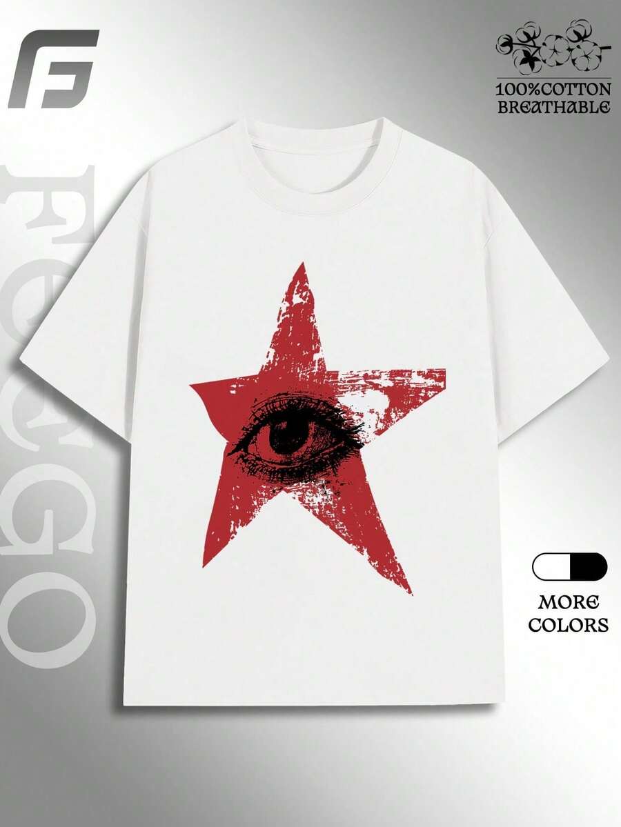 Red Star Eye Graphic Tee Men Clothes 100 Percent Cotton Tops For Women Halloween Vintage T-Shirts Summer Tops - 白色 - 查看 1