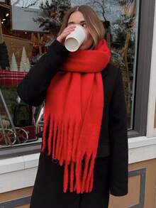 1PC Women's Christmas Red Autumn/Winter Solid Color Versatile College Style Elegant Coarse Beard Thick Warm Scarf, Suitable For Cold Proof Shopping And Dressing In Autumn/Winter Season - Bright Red - View 3