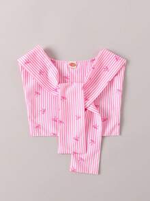 Conjunto de 3 piezas para niñas preadolescentes: Blusa de manga corta acanalada + Chal a rayas con detalle de lazo + Pantalones anchos cómodos con estampado a rayas, diseño lavable a máquina, adecuado para uso casual en primavera, verano y otoño, fiestas y vacaciones - Rosa - Ver 6