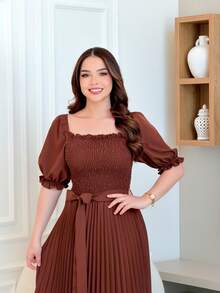 Pleated Midi Dress With Elastic Waistband - marrom - 查看 3