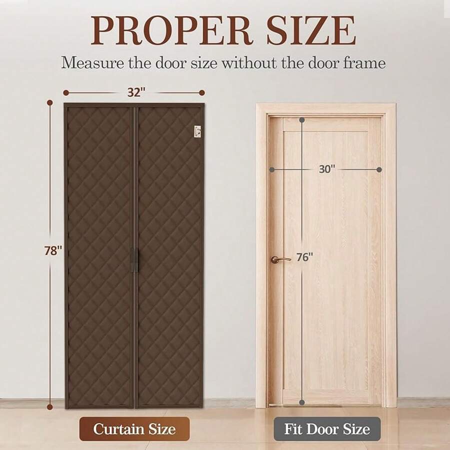 Magnetic Thermal Insulated Curtain 36x82, Curtain Size 38x84, All-Season Draft Stopper With 300D Oxford Fabric & Cotton Fill, Thermal Door Cover Year-Round Use - 棕色 - 查看 1