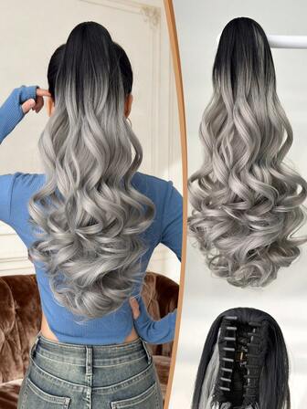Claw Shaped Ponytail Extension Hair Accessory Black Gray Gradient 24 Inch Long Wave Heat-Resistant Fiber Synthetic Ponytail Wig, Suitable For Christmas, Halloween Parties And Daily Use