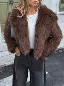 Roupas de Inverno para Mulheres Casacos de Pele Sintética Cor Sólida Casaco Volumoso de Manga Longa e Casaco de Pele Marrom - Adequado para Natal, Festas e Uso Diário