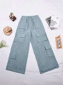 Pantalones de pana de estilo cargo con bolsillo con solapa, cintura con cordón y pierna ancha, estilo hip hop casual - Azul - Ver 6
